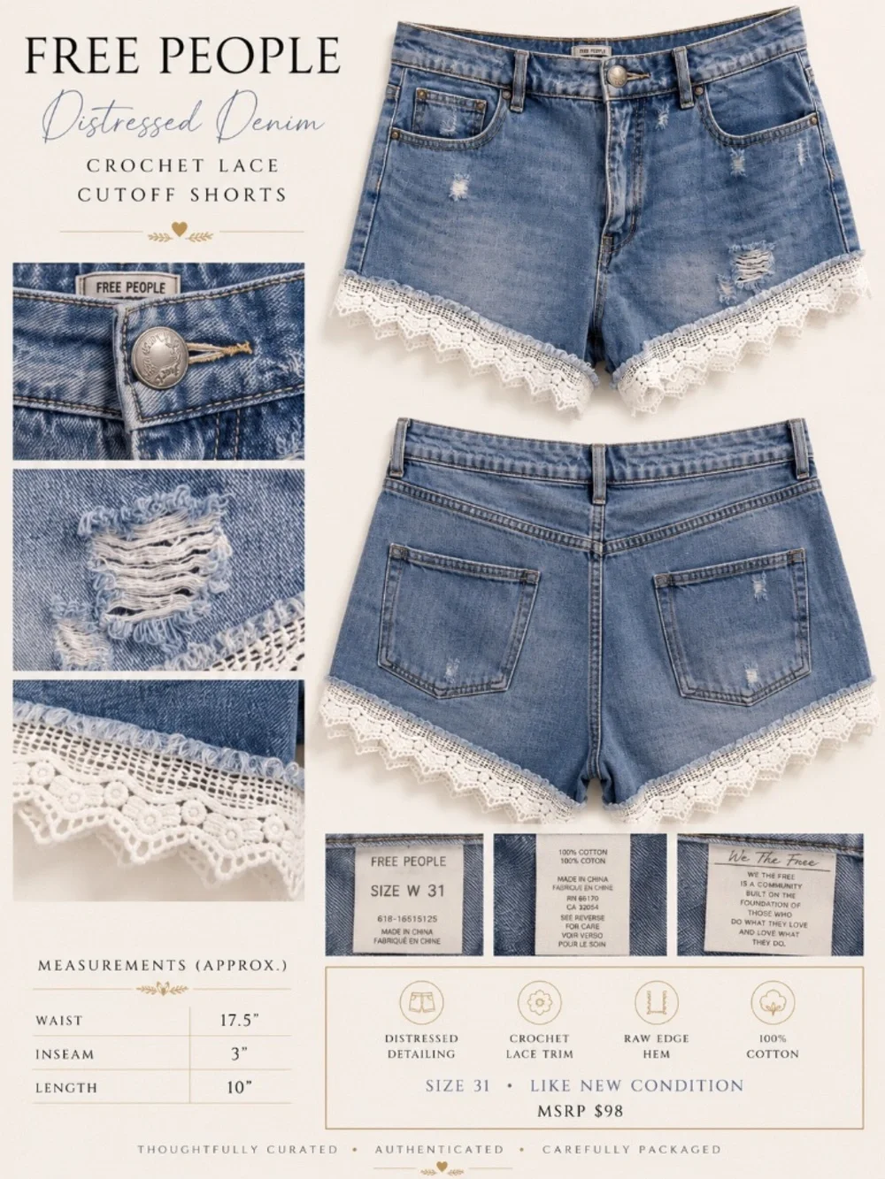 Free People Distressed Denim Crochet Lace Cutoff Shorts Size 31 Boho Festival